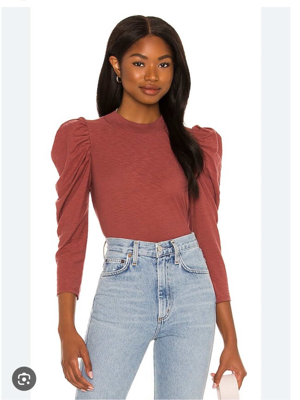 Nation Ltd Zeta Puff-Sleeve Mock Neck Crewneck Top In Rusted Rose Xs